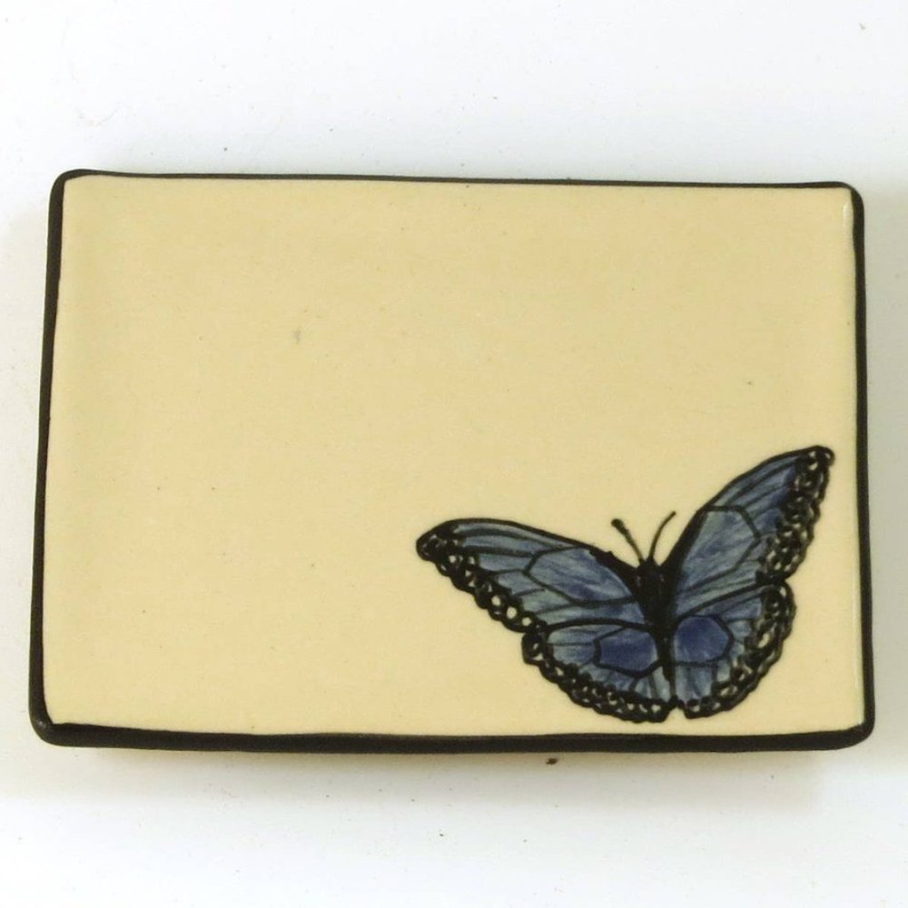 Small Ceramic Plaque with Painted Blue Butterfly